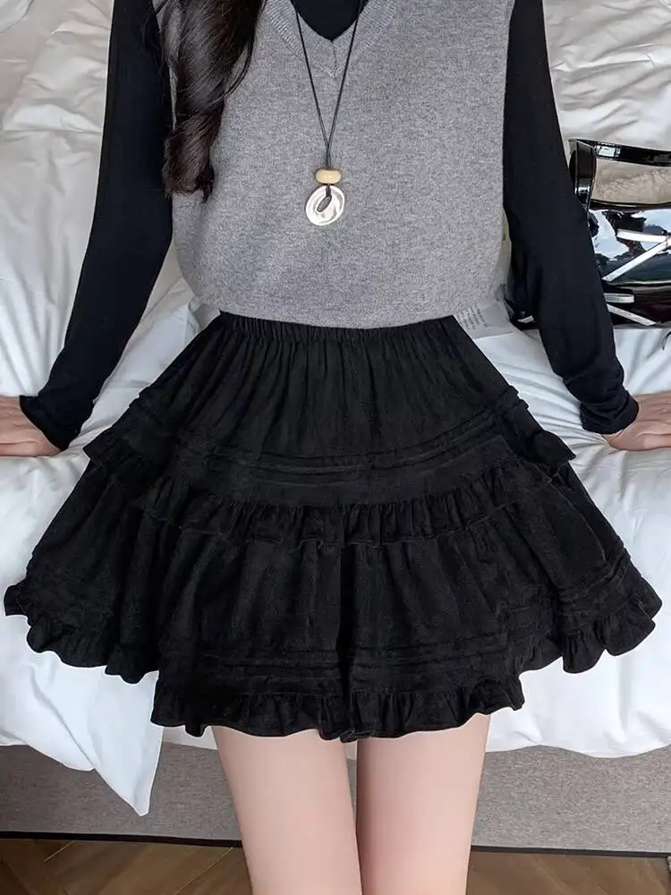 Women's Pleated Skirt 2026 Spring Suede Cake Skirt High Waist Ruffle Patchwork Brown A Line Fluffy Mini Skirt