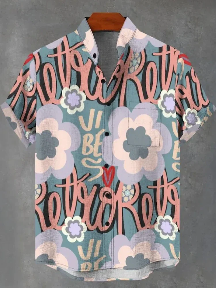 

2025 Summer Men New Popular Flower Pattern Casual Linen Short Sleeve Shirt High Quality Fashion Men Button Top
