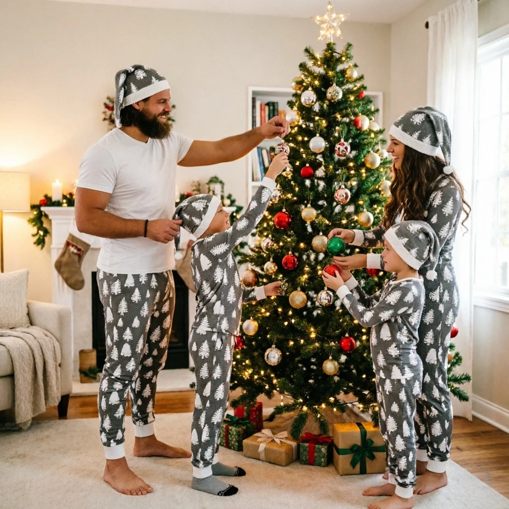 Merry Xmas Matching Pajamas Set Men Short Sleeve T-Shirt+Trousers Christmas Tree Print 2 Pcs Suit Women Baby Romper Family Look view 3