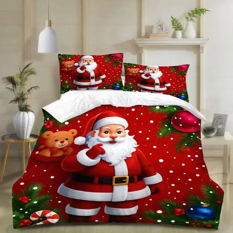 Christmas Bedding Set Red Deer Santa Claus Gingerbread Printed King Queen Size Duvet Cover Set for New Year Home Bedroom Decor