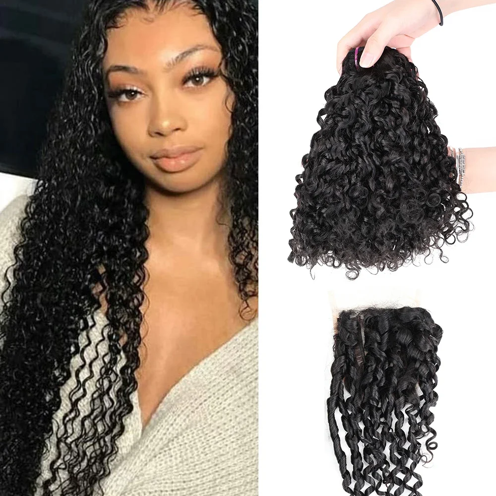 

Brazilian Double Drawn Spirals Curly Bundles with Closure Pixie Curl Human Hair Bundle Weave Extension with 4x4 Lace Closure