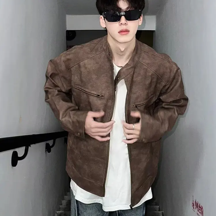 

Свободный крой, повседневная кожаная куртка, мужская универсальная верхняя одежда в американском стиле с застежкой-молнией Sve, верхняя одежда из полиэстера