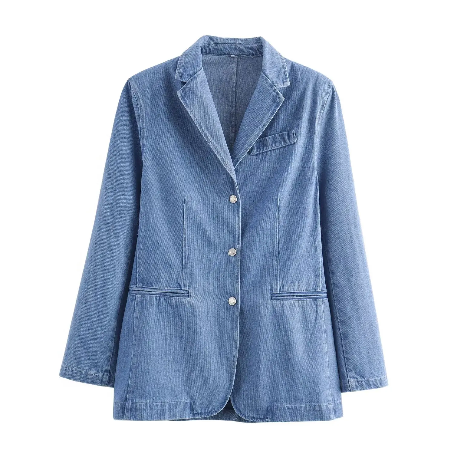 Jaqueta jeans azul minimalista nórdica murchada feminina, casaco de peito único, blazer casual, ternos femininos