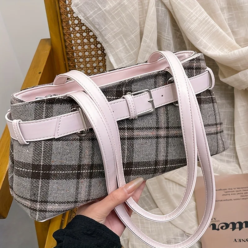 

New Handbag Boho Shoulder Bag Bell Pendant Lightweight Tote Bag Plaid Underarm Bag Women Soft PU Checked Tote Cloth Shopping Bag