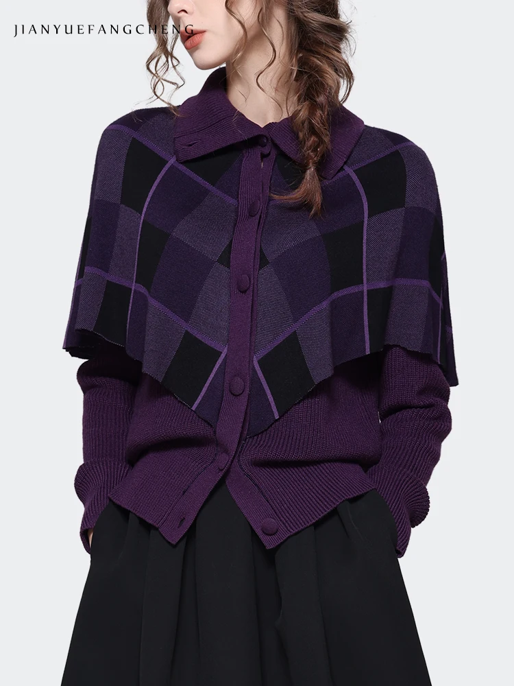 Fashion Women Purple Knitted Sweater With Plaid cloak Long Sleeve Turn-down Collar Outwear Knitted Tops 2023 Autumn Winter New