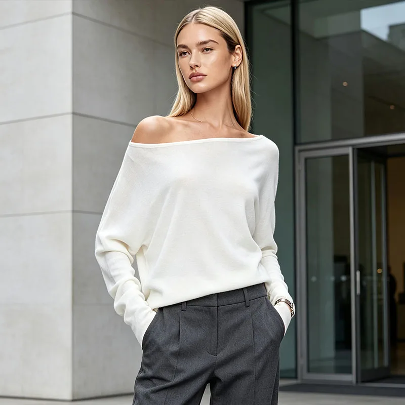 Women Asymmetrical Off Shoulder Long Sleeve Crop Top Thumb Hole Loose Batwing Slim Knit Blouse Daily Street Basic Shirt