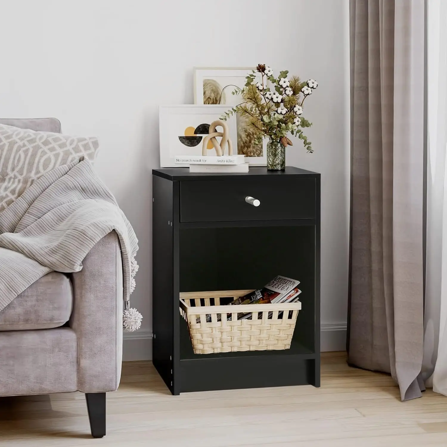 

Black Nightstand Set Of 2, Modern End Table, 2-Tier Sofa Side Table With Sliding Drawer & Open Storage, Night Stand For Living