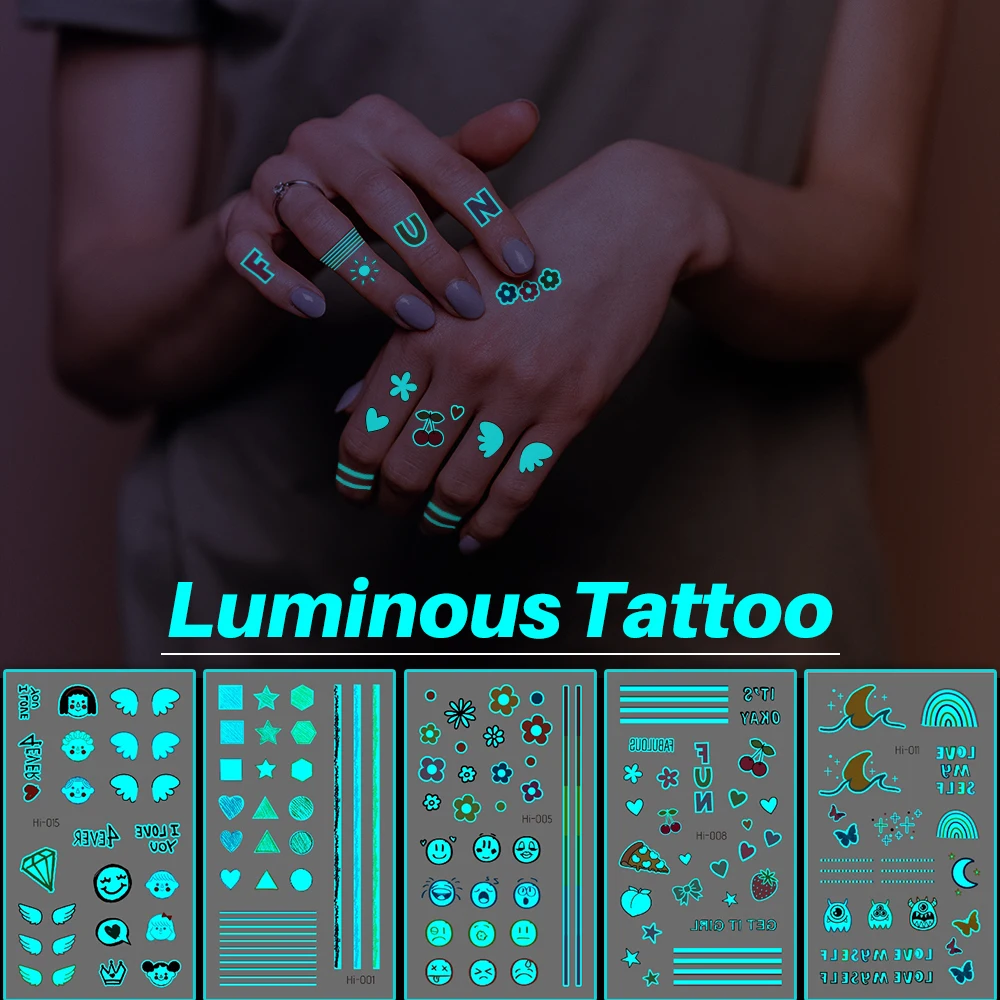 Glow-in-Dark Tattoo Stickers 12PCS - UV Reactive Body Art for Night Parties (Stars/Hearts/Smileys) | Waterproof & Hypoallergenic view 5
