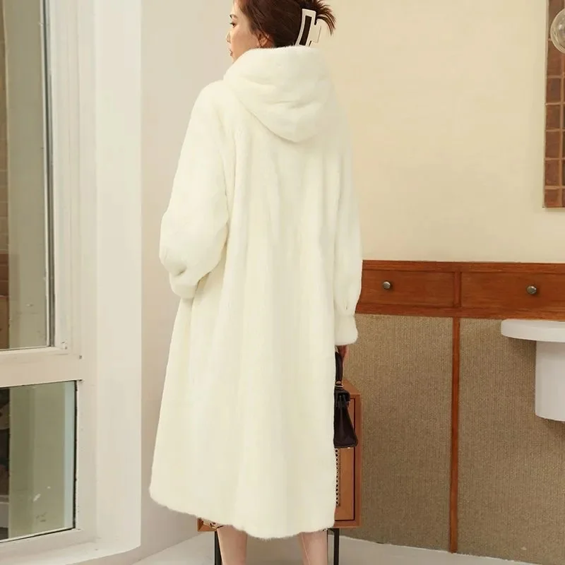 Autumn Winter New Mink Fur Coat Women High Quality Hooded Mao Mao Outwear Knee Long Overcoat European Mink Fur Jacket female Top