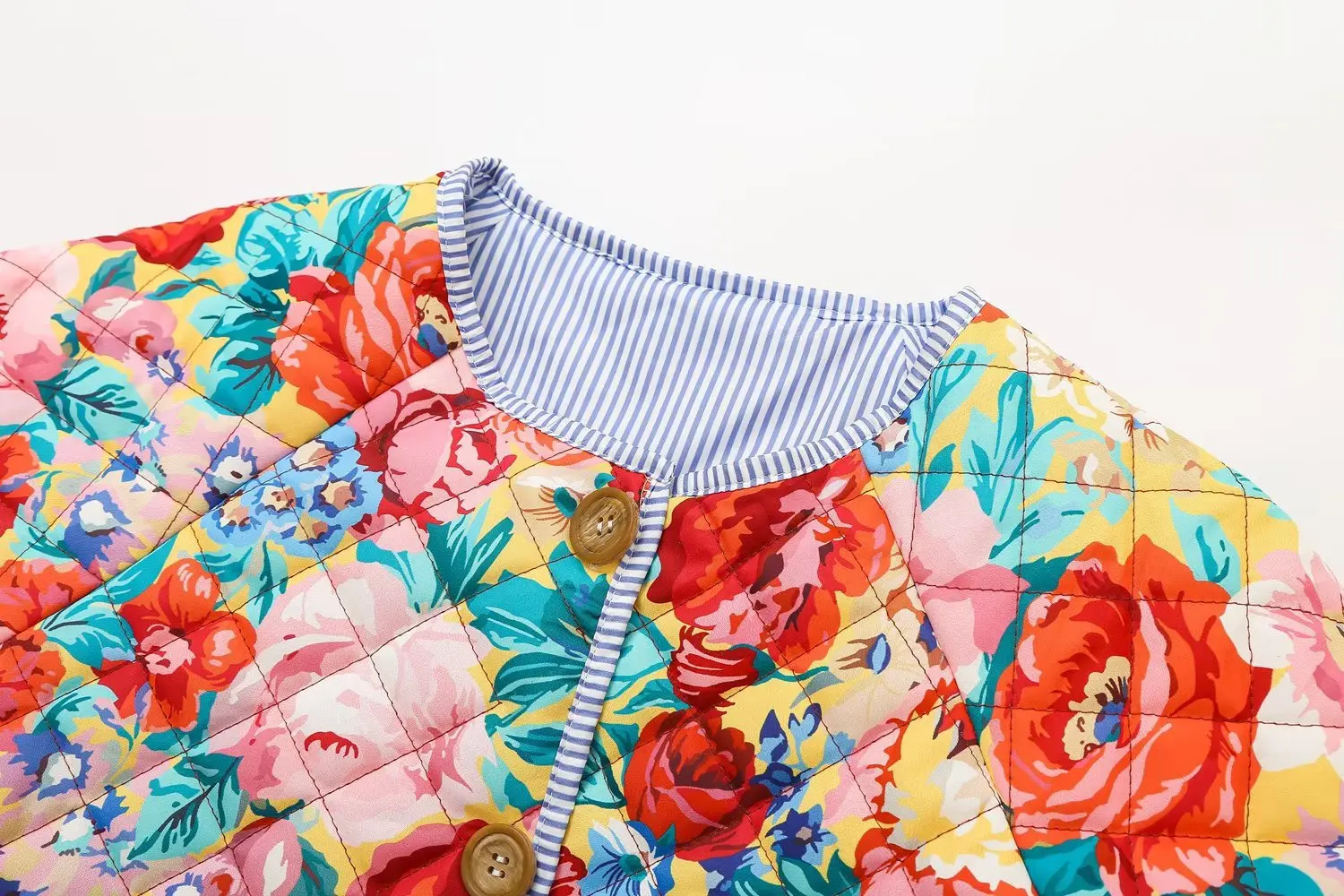 가을 신상품 여성 패션 다용도 라운드 넥 스트라이프 스플라이스 프린트 레트로 퀼팅 코튼 코트