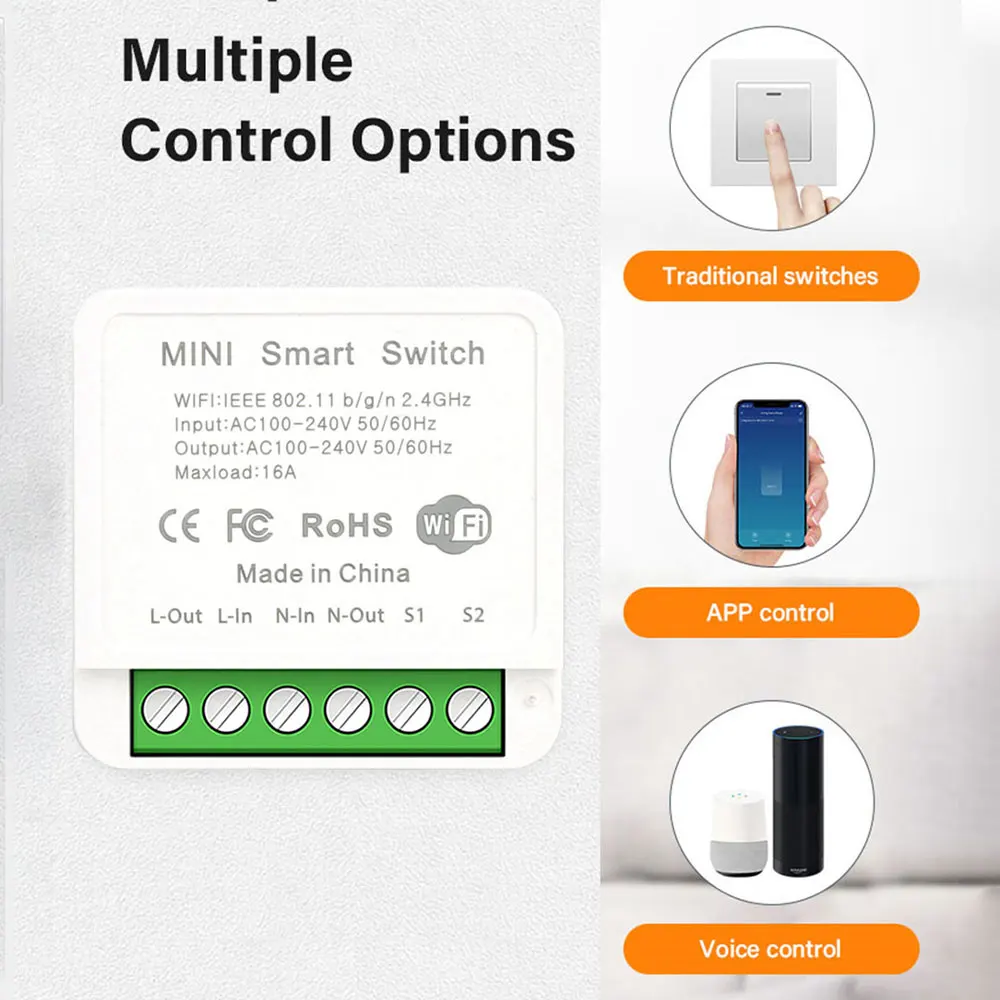 16A Mini Wifi DIY Light Switches Module 2-way Control Work With Tuya Smart Life Alexa Alice Google Home