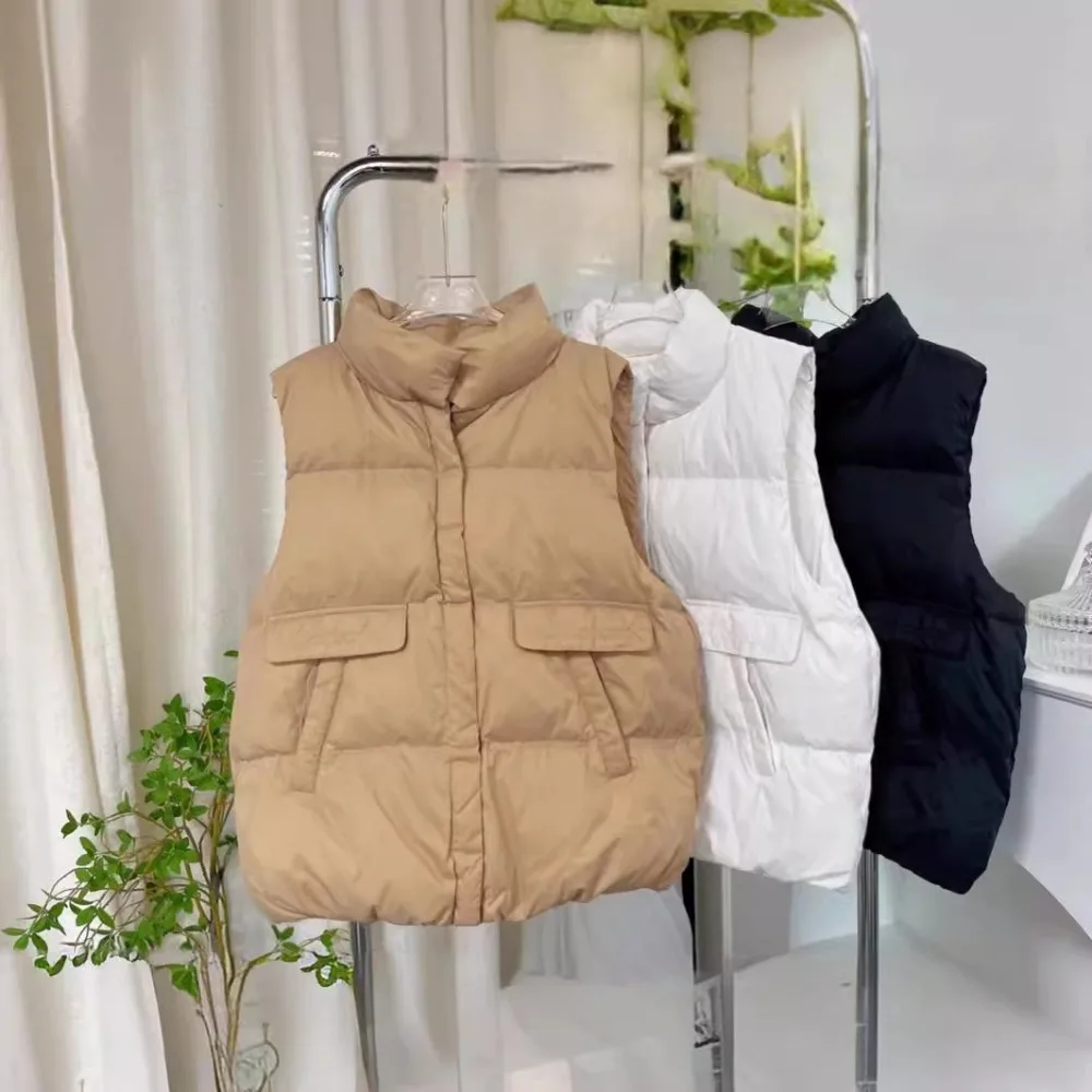 2024 Autumn Winter New Women White Duck Down Vest Sleeveless Jacket Waistcoat Gilet Stand Collar Casual Fashion Korean Style