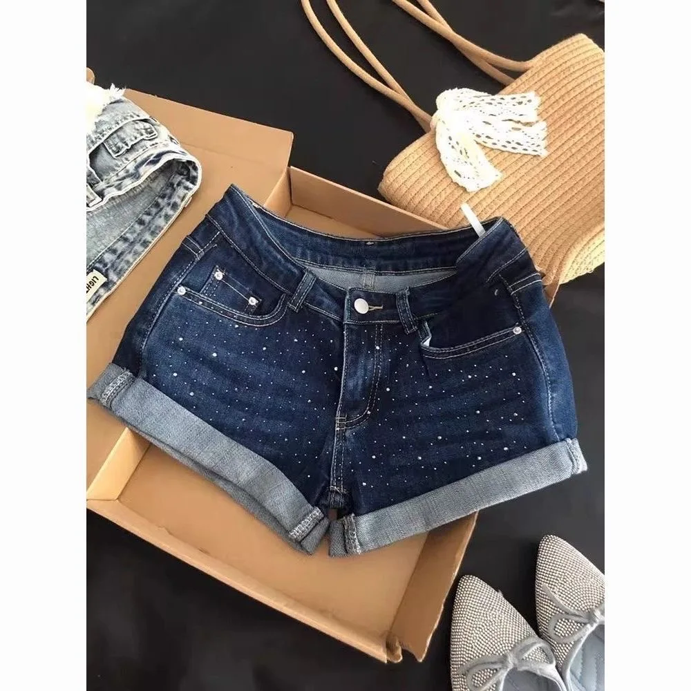 Deep Blue Rhinestone Cuffed Denim Super Short Women's Summer 2026 Low Waist Versatile A-Line  Skirt Hot Pants