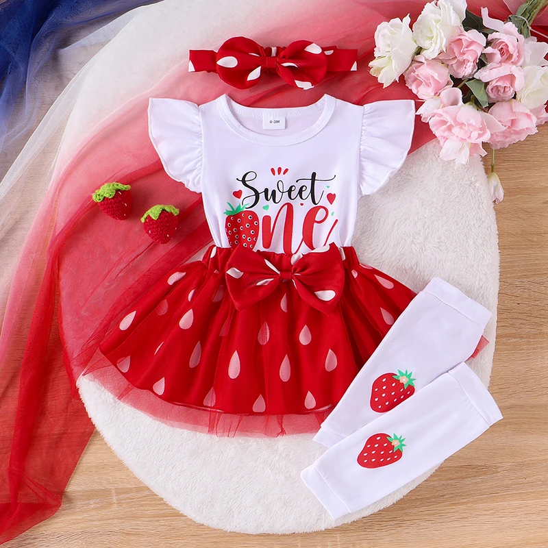 

Toddler Girls Skirt Set Fly Sleeve Letters Print Romper with Dots Print Tulle Skirt and Headband Strawberry Socks Summer Outfit