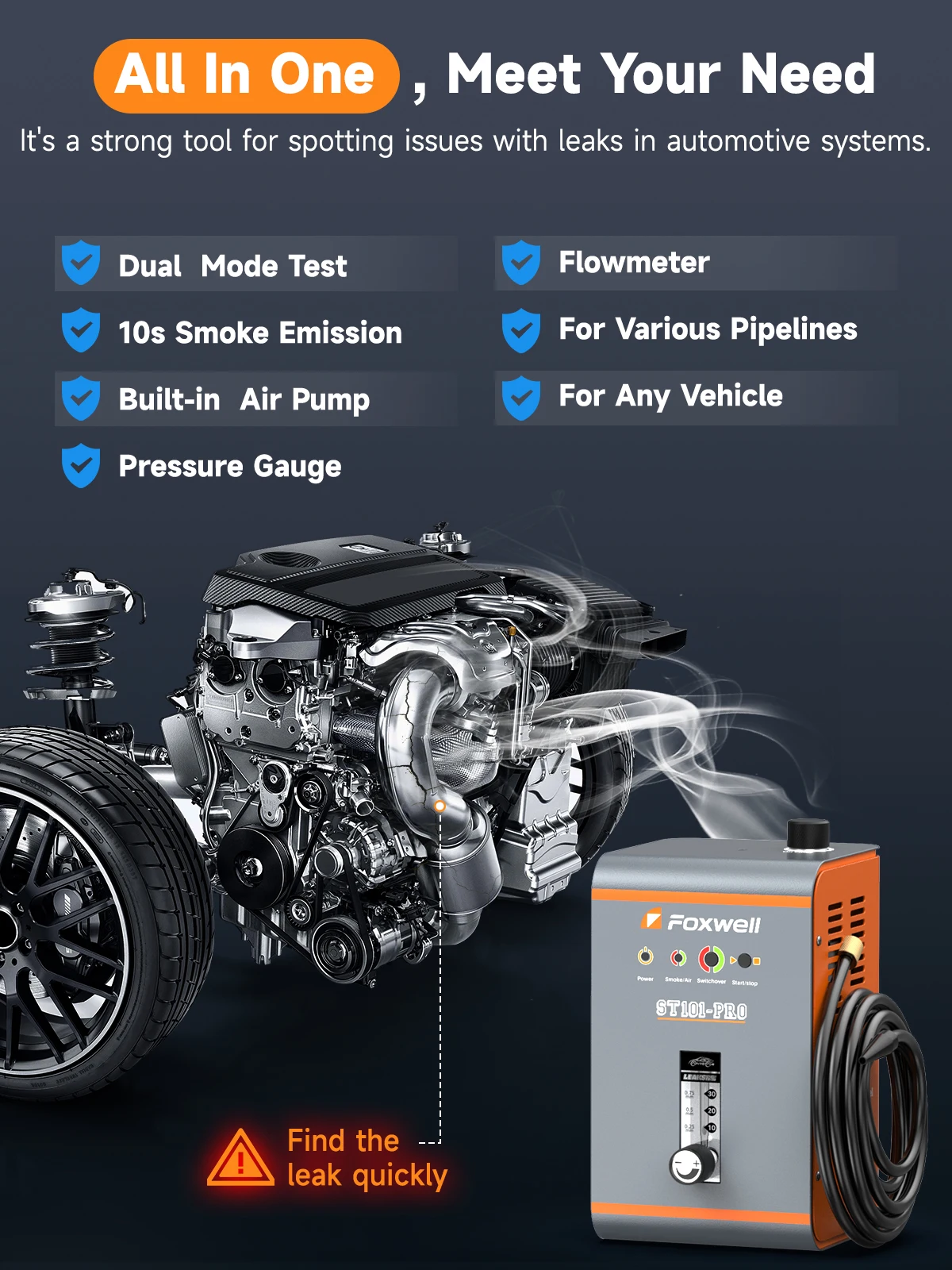 

Car EVAP Smoke Machine Leak Detector with Built-in Air Pump and Flower Meter, Professional Auto Engine Vacuum FOXWELL ST101 Pro