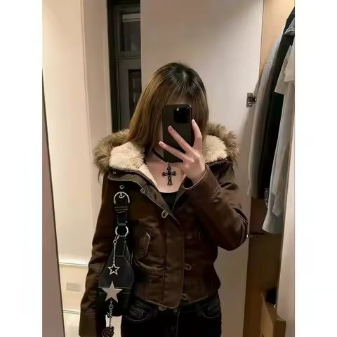 2025 Y2K Vintage sle coat can accommodate brown fce lining jaet women's slim and fur button button details long sve zipper
