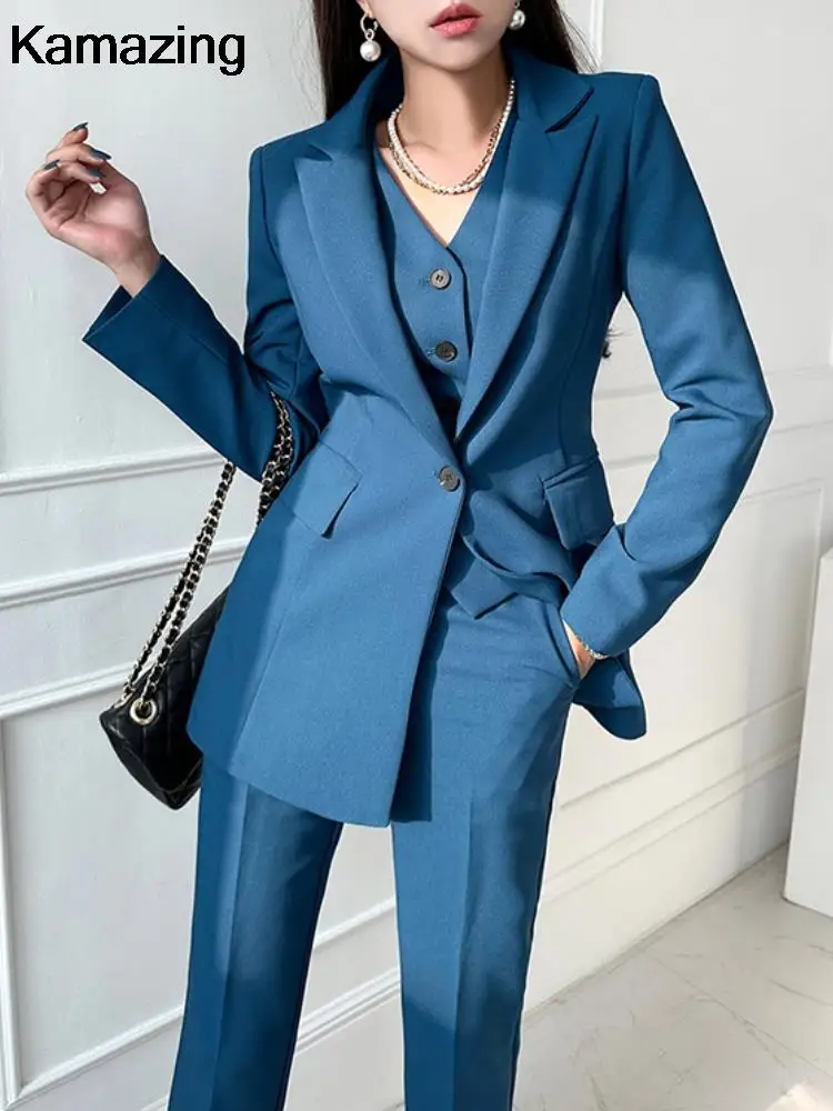 New Fashion Women Office 3 Piece Set Korean Formal Business Outfits Button Jackets V Neck Vest Pants Suit Female Clothing