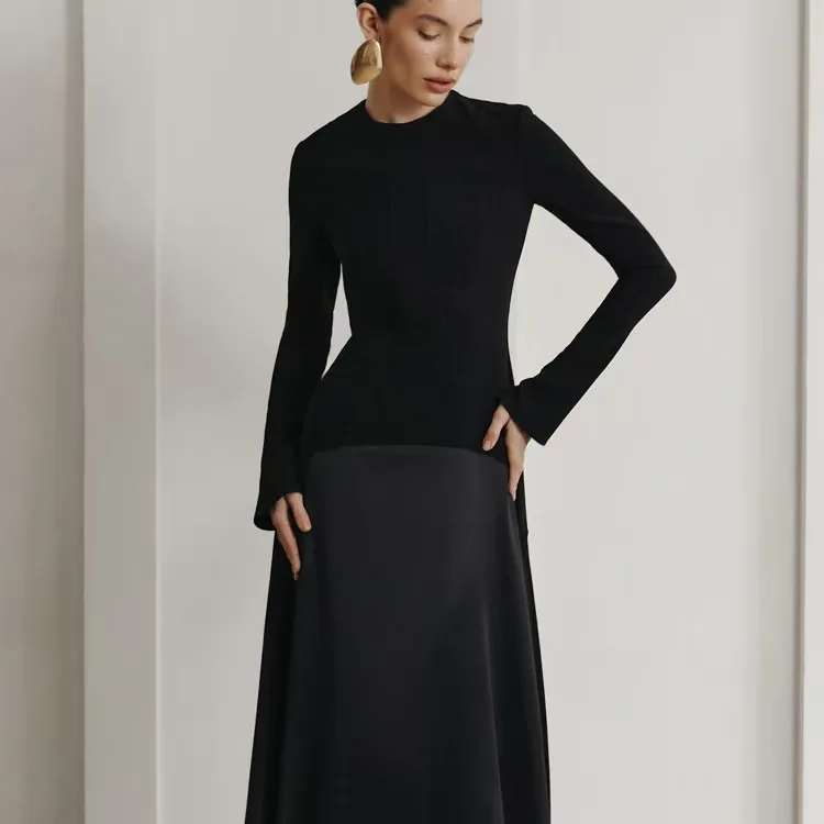 Faionable Long Sve Splicing Dr Ele Платье трапециевидной формы с высокой талией для женщин Ele Evening Dr Sli Long Dr