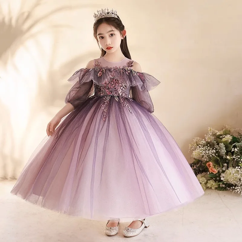 

Elegant Party Dress for Junior Girls Children Sequined Purple Tulle Dresses Kids Grad Night Formal Ball Gowns Infant Clothing