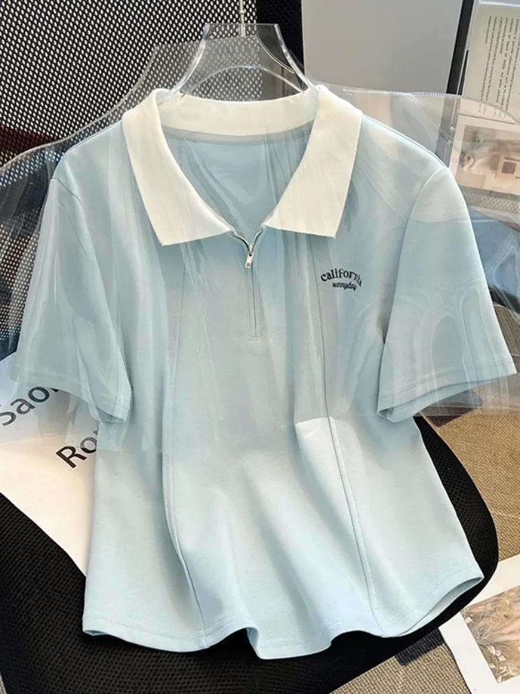 Summer Women's  irt ort Sve Zipper Pure Cotton Slim Fit Design Sense Henry Collar Top Korean Sle Commute Faion