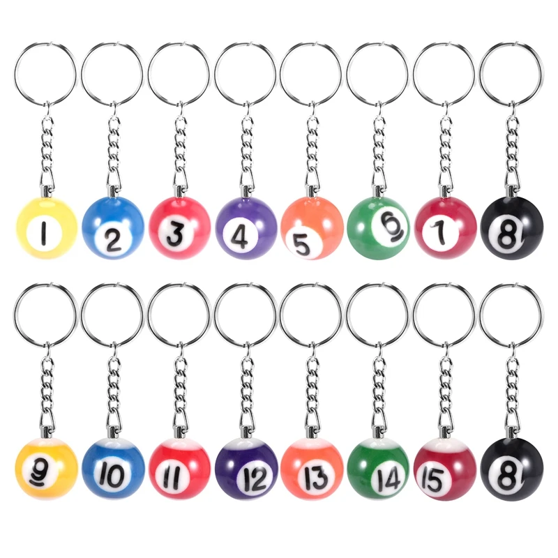 Newcolorful Billiard Ball Keychain Set 16 Pcs,Mini Magic Key Chain Balls Eightball Billar Billiards Chains Accessories