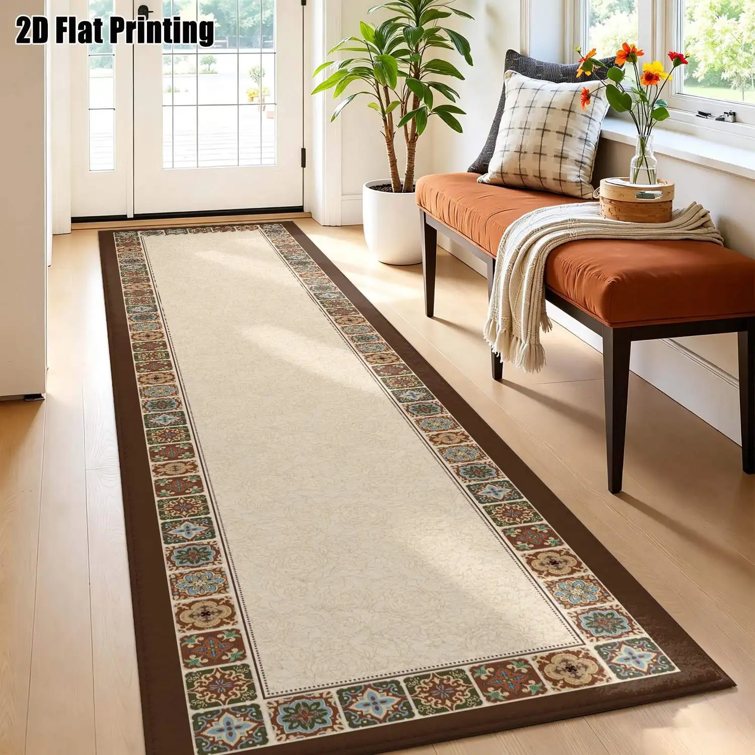 1Pc 2D Printed Long Strip Runner Rug: Brown-Grey Geometric Border, European/Bohemian/Vintage/Geometric Striped Style, Home Decor, Multi-Size, Machine Washable, Suitable for Entryway, Hallway, Bedroom, Living Room