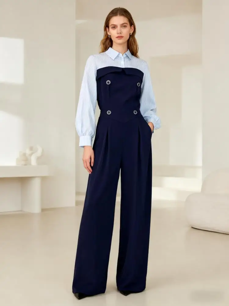 Freeacy Urban Tuta da donna Colletto con risvolto Maniche lunghe Split-joint Vita alta Tuta ampia Gamba larga Tute lunghe fino al pavimento