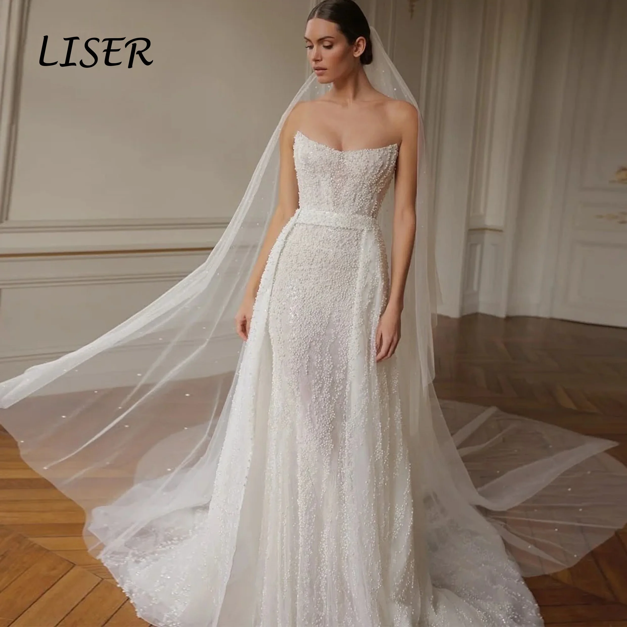 Liser Customize Exquisite Beaded Strapless Wedding Dress Sexy Mermaid Sleeveless Detachable Drawl Wedding Dress Vestido denovia
