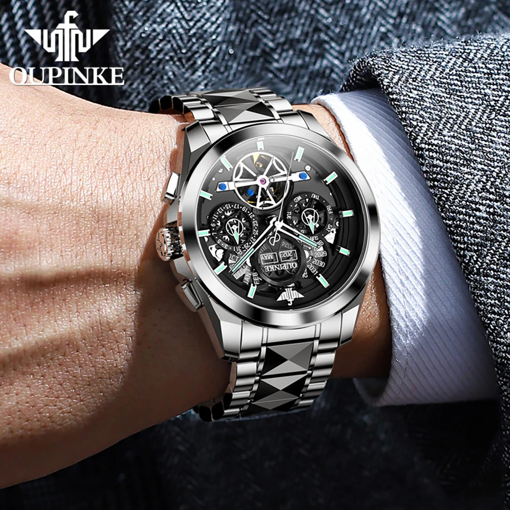 OUPINKE 3233 Hollow Flywheel Mechanical Watch For Men 42mm Big Dial Top Brand Waterproof Wristwatch Original Auto Date Man Watch