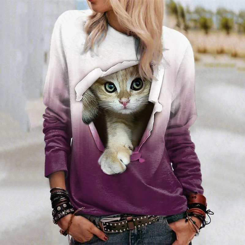 Funny Women\'s Hoodie 3D Cartoon Hole Breaking Cat Print Sweatshirt Casual O-Neck Hoodie Fashion Womens Sweats Spring Autumn Coat