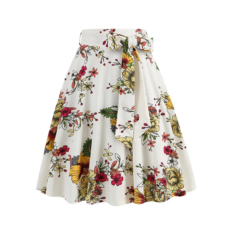 50s 60s Vintage Floral Print Office Work Elegant Party Dress Women High Waist Bow Belt Casual Rockabilly A-Line Skirts