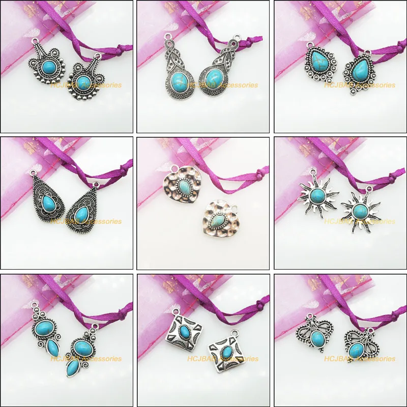 New Antiqued Silver Plated Heart Square Flower Teardrop Turquoise Charms Pendants For Gifts Jewelry