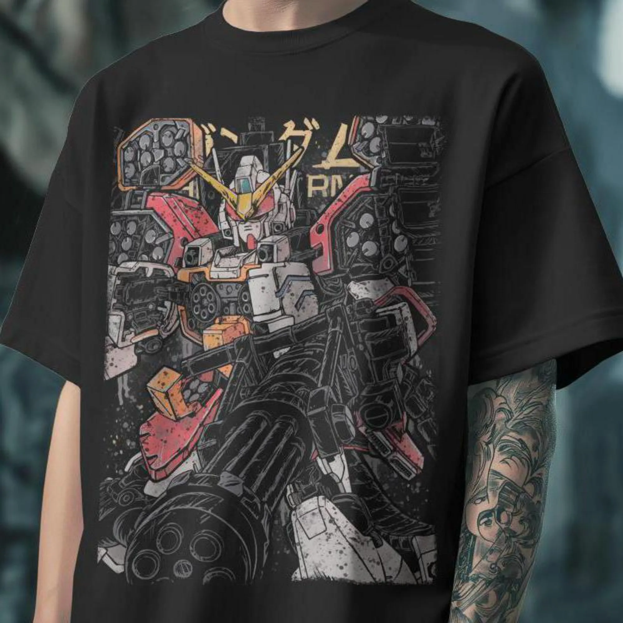 Vintage Heavyarms Gundam T-Shirt mit japanischem Kanji-Print, 100 % Baumwolle, Unisex, Oversize, Mecha-Anime-Streetwear-Oberteile, Herrenbekleidung