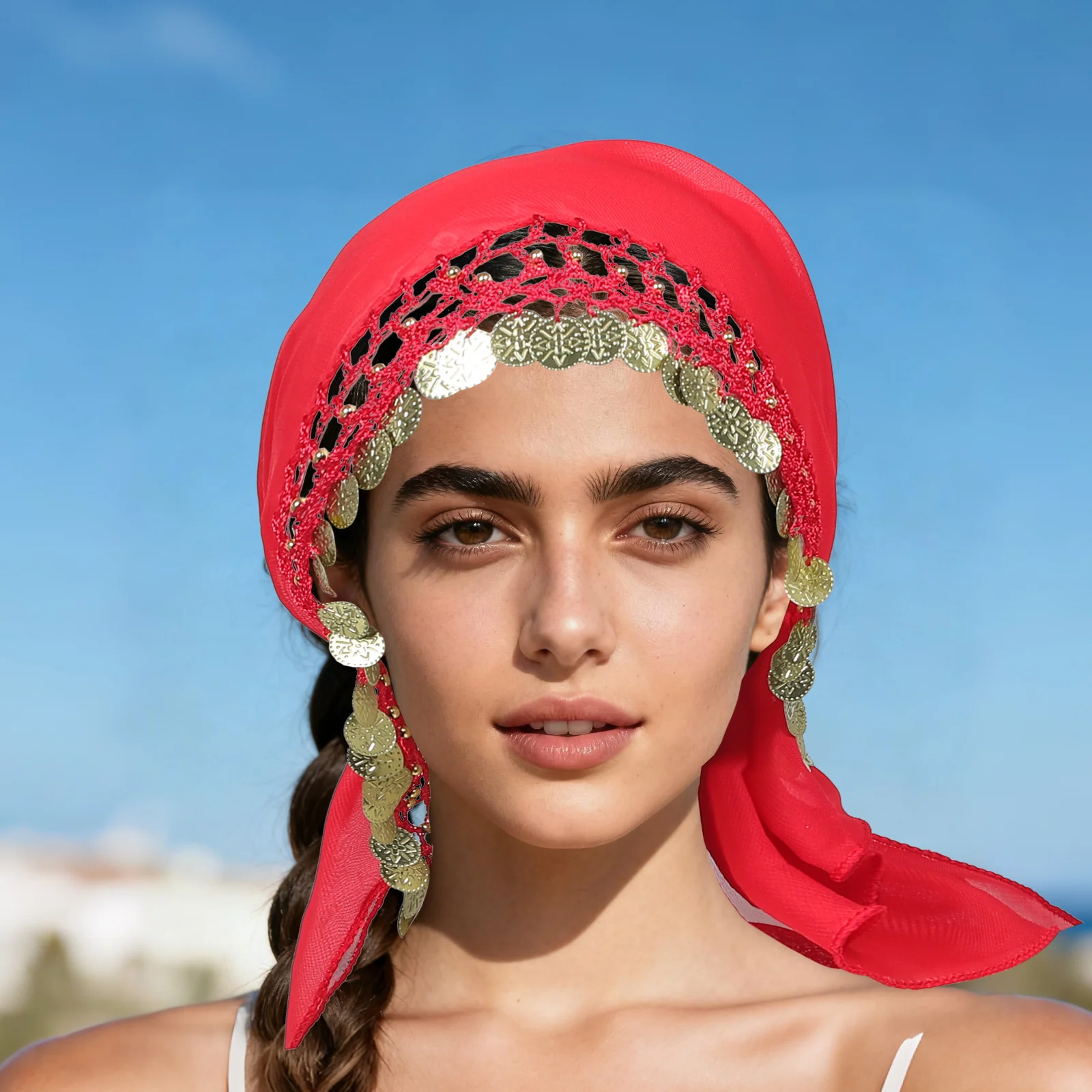 Coin Headpiece Scarf Bohemian Belly Dance Hair Accessory Chiffon Bandana For Women Festival Tribal Costume Indian Dancer