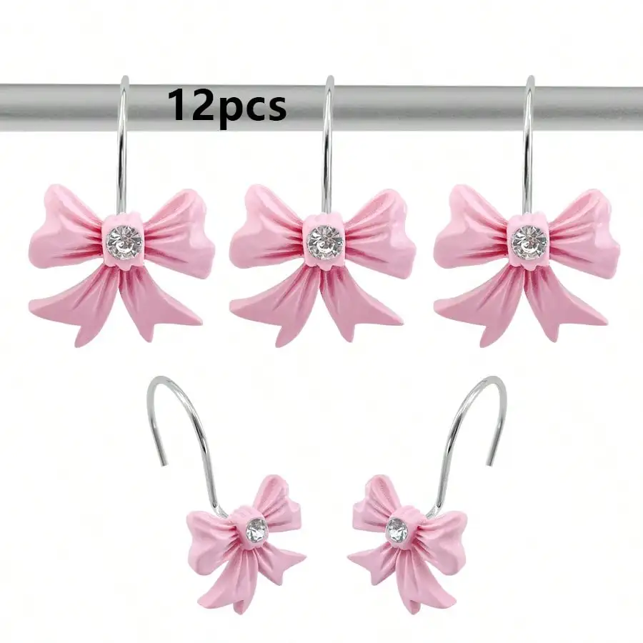 12-Piece Resin Bow Shower Curtain Hook Set - With Rhinestone Design Decorative Curtain And Shower Curtain Metal Hooks Back To School Fall Decor Bathroom Decor