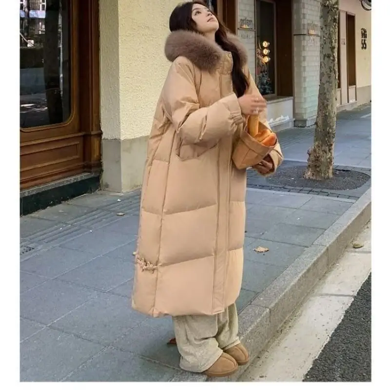 معطف طويل من القطن للنساء سترة شتوية جديدة فضفاضة فوق الركبة كورية سميكة كبيرة بياقة من الفرو معطف المدينة سترة شتوية للنساء #6