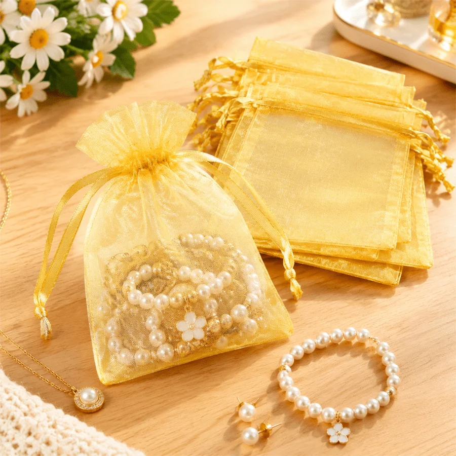 50/100/150pcs Golden Sheer Mesh Drawstring Organza Bags Soft Fabric Pouches Multi-purpose Storage Sacks for Jewelry XJM