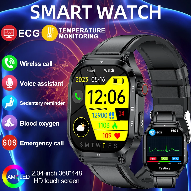 

LIGE 2.04" AMOLED ECG Blood Oxygen Heart Rate Health Monitor Smartwatch 2025 New Full Screen Touch IP68 Waterproof Smart Watch
