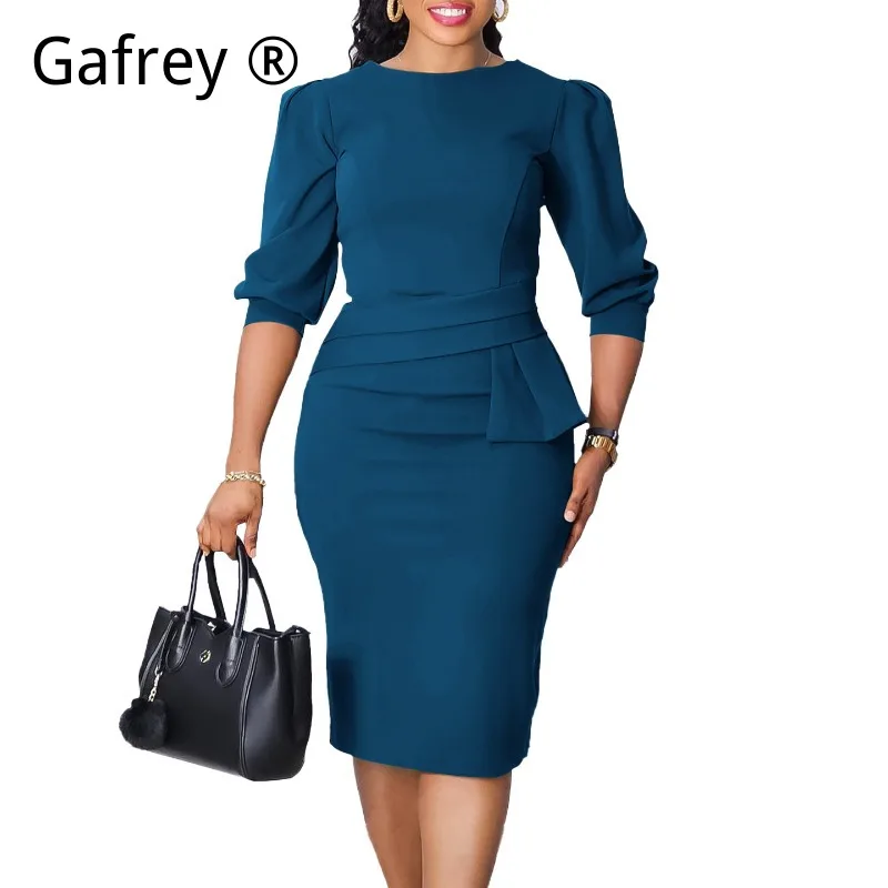 

4XL L Plus Size Office Bodycon Dress 2026 New Arrival Solid Color Round Neck Fitted Business Casual Work Pencil Dress for Women