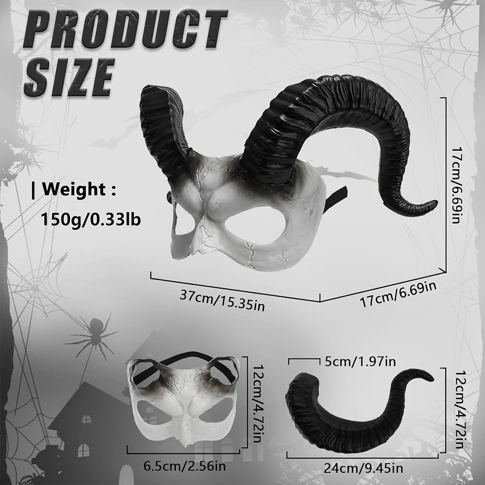 قناع نصف وجه على شكل قرن الشيطان الأبيض للهالوين، زي شخصية للعطلات، دعائم أداء الرقص، قناع بلاستيكي مزخرف بموضوع الرعب