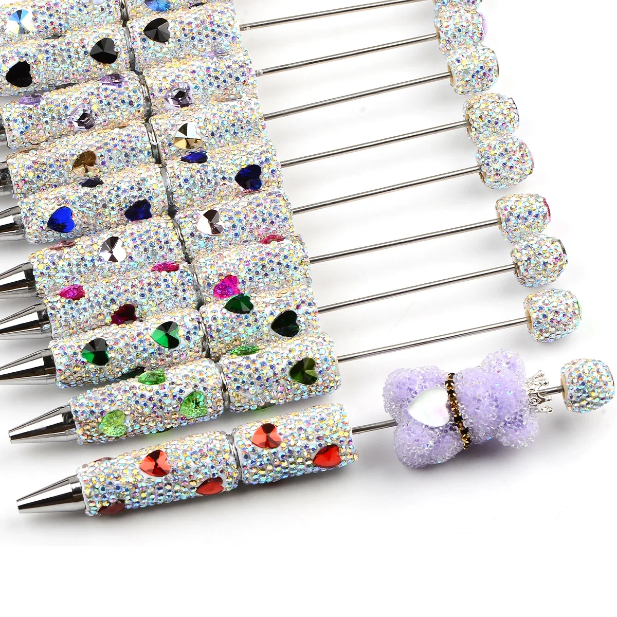 1pcs Heart Rhinestone Bead Pens Loose Spacer Beads DIY Crafts Jewelry Making Handmade White Creative Design Pen