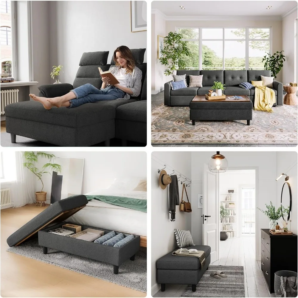 46 Inches Wide Storage Ottoman Bench, Linen Coffee Table Long Shoes Bench Footstool, Chest, Foot Rest Stool, for The Living Room