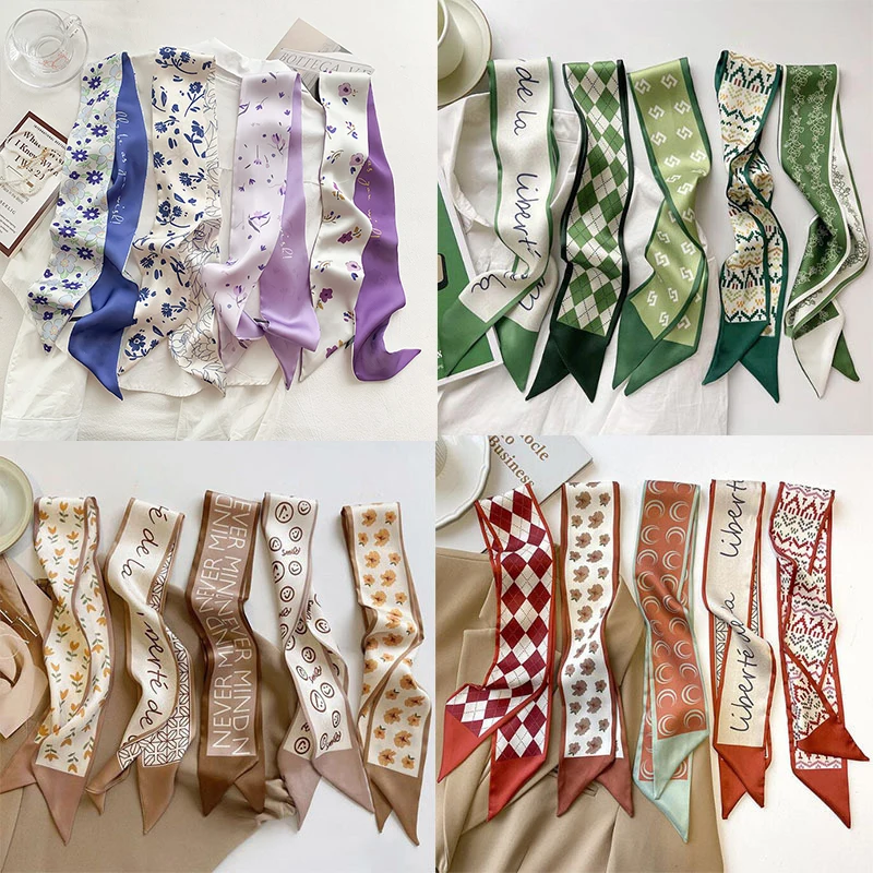 2024 High-Grade Khaki Nude Color Series Silk Scarf Hair Band Ribbon Tied-Up Hair Long Bow Vintage Satin Ribbon Hair Accessories