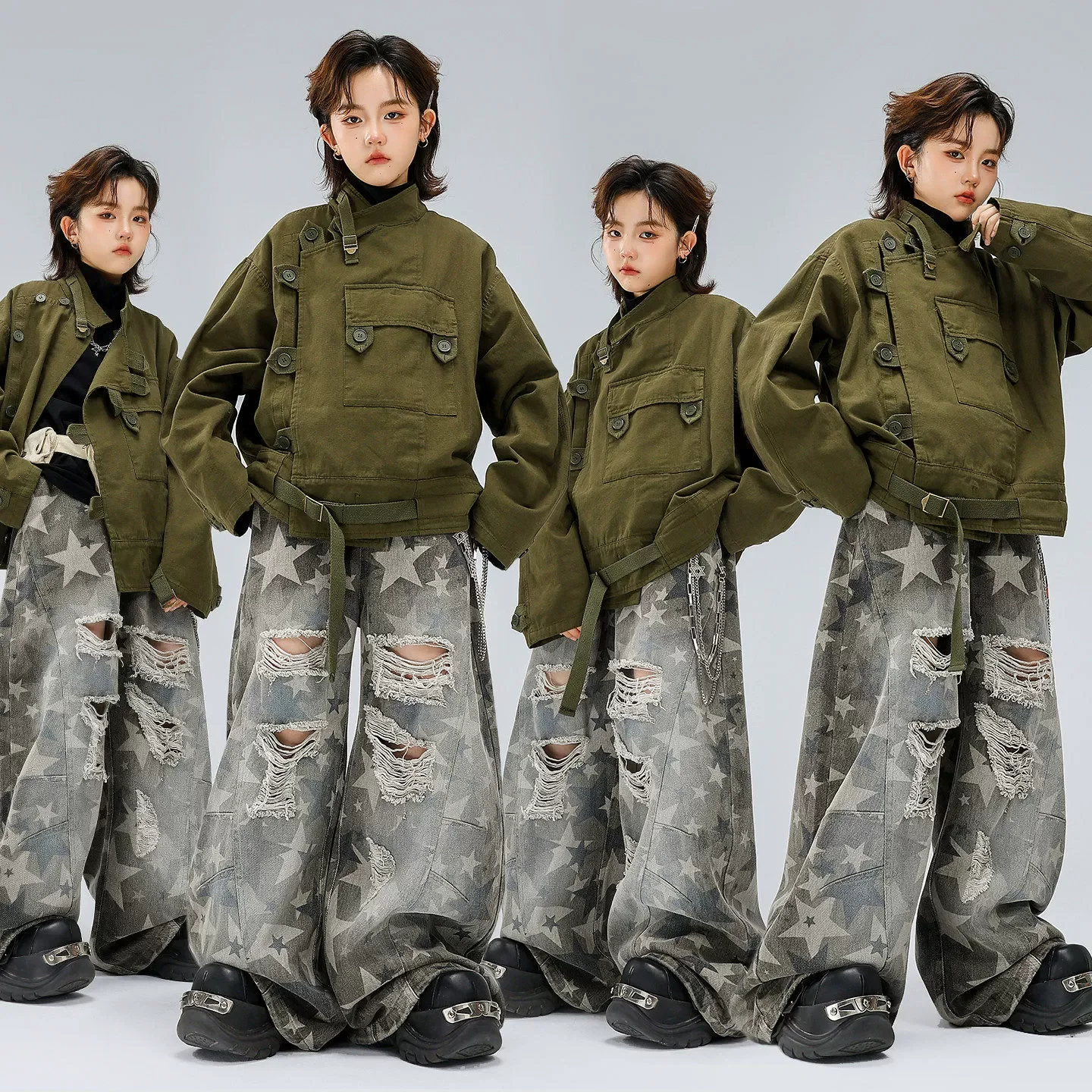 Children Boys Girls Streetwear Hip Hop Vintage Motorcycle Jacket Jeans Sets Kids Spring Coat Trousers Stage Clothes Costume