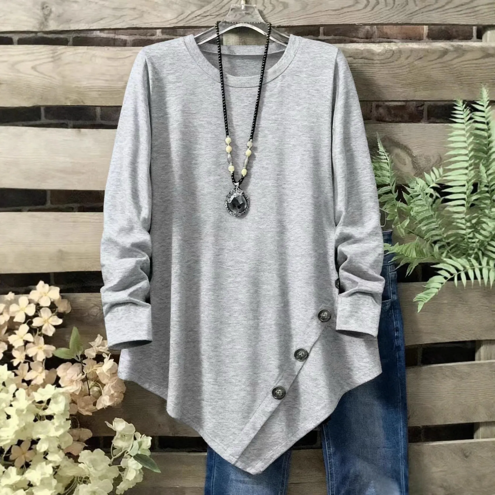 Round Neck Long Sleeve Top Regular Length Elegant Commuting with Autumn British Style Casual Regular Fit T Shirts for Women