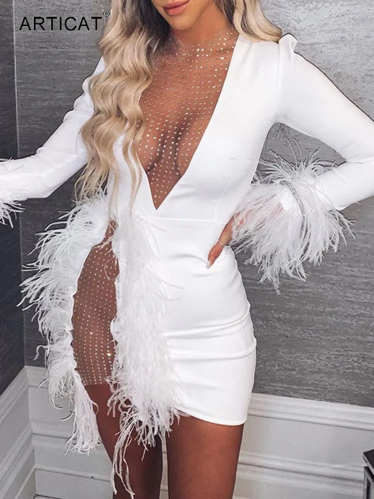 

Articat Sexy See Through Sequin Mesh Patchwork Dresses Women Deep V White Feather Mini Party Dress Ladies Nightclub Vestidos