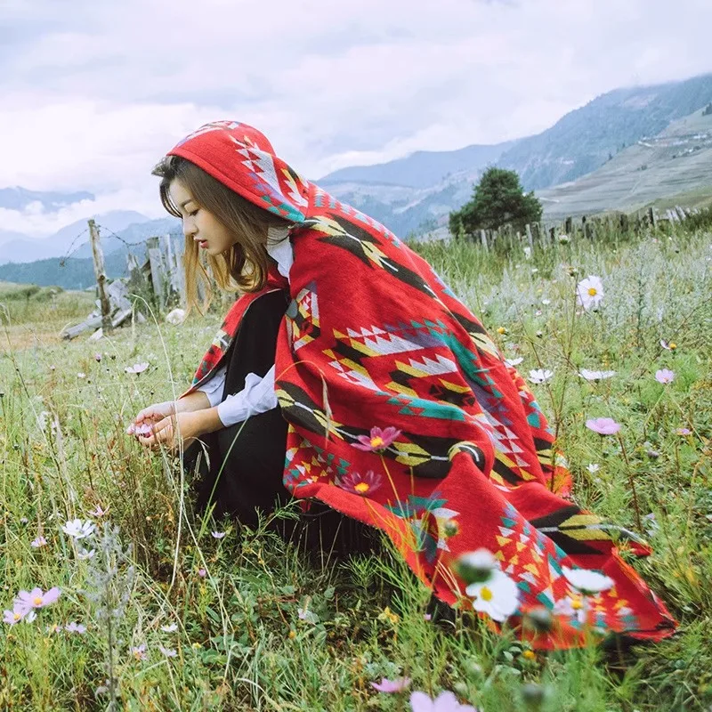 Bohemian Ethnic Wind Cape for Women, Travel with Hooded Fork, Thickened Coat, Warm Air Conditioning, Autumn and Winter