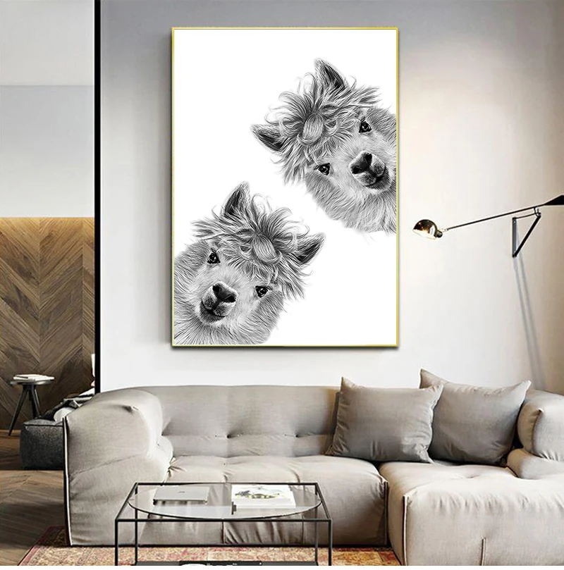 Black White Animal Canvas Poster CUTE CURIOUS LLAMA Nursery Prints Nordic Kids Decorative Painting Picture Children Room Decor