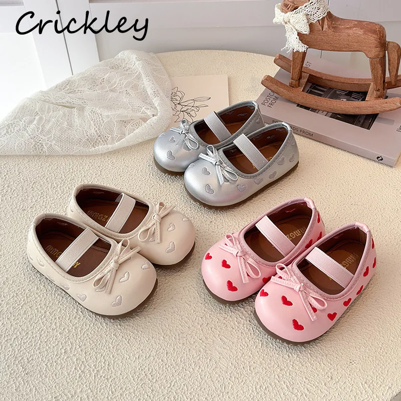 Heart Embroidery Kids Ballet Flats Bow Solid PU Leather Baby Girls Princess Shoes Elastic Band Toddler Children Flats Shoes