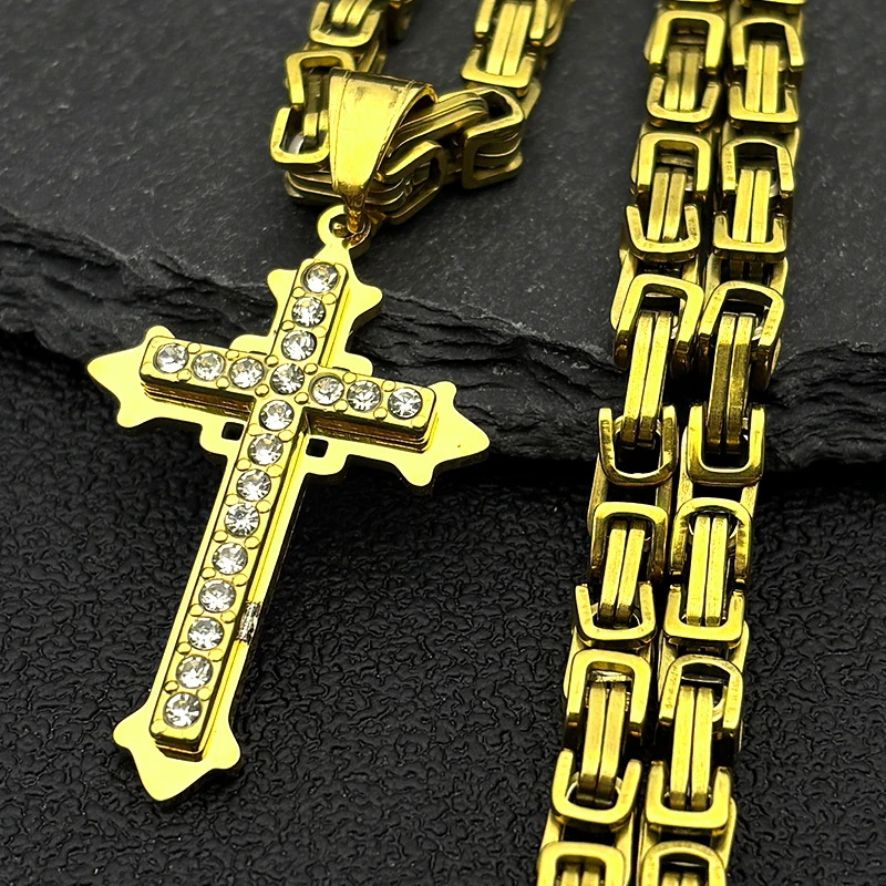 

Rhinestones Jesus Cross Pendant Necklace for Women Men Gold Color Stainless Steel Catholic Hip Hop Byzantine Chain Jewelry Gift